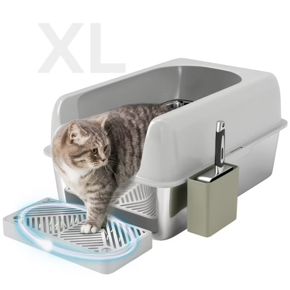 Stainless Steel Litter Box, Metal Litter Box with High Sided for Easy Clean & Anti-Urine Leakage, with Metal Scoop & Scoop Holder