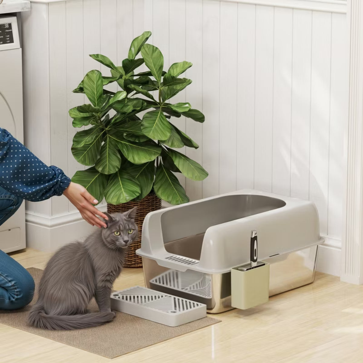 Stainless Steel Litter Box, Metal Litter Box with High Sided for Easy Clean & Anti-Urine Leakage, with Metal Scoop & Scoop Holder